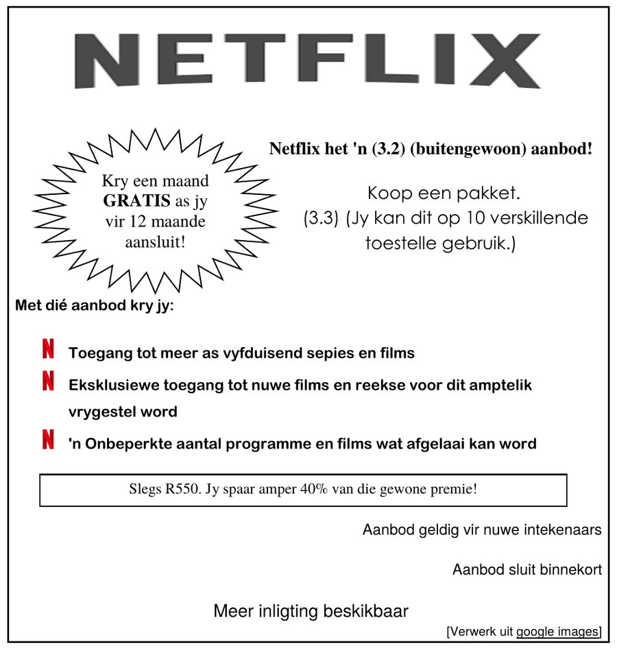 Advertisement for a Netflix subscription offer, Afrikaans FAL Grade 12 NSC May/June 2024 Paper 1 Question 3.2