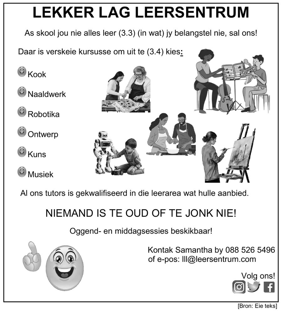 Advertisement for Lekker Lag Leersentrum hobby courses, Afrikaans FAL Grade 12 NSC May/June 2025 Paper 1 Question 3.1