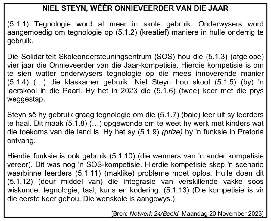 Article about teacher Niel Steyn winning an innovation award, Afrikaans FAL Grade 12 NSC May/June 2025 Paper 1 Question 5.1.9