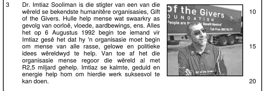 Reading passage about Imtiaz Sooliman and Gift of the Givers, Afrikaans FAL Grade 12 NSC November 2024 Paper 1 Question 1.3