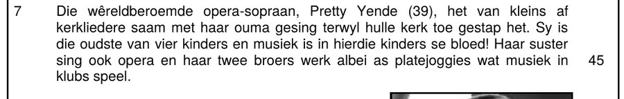 Reading passage about opera soprano Pretty Yende and her family, Afrikaans FAL Grade 12 NSC November 2024 Paper 1 Question 1.9