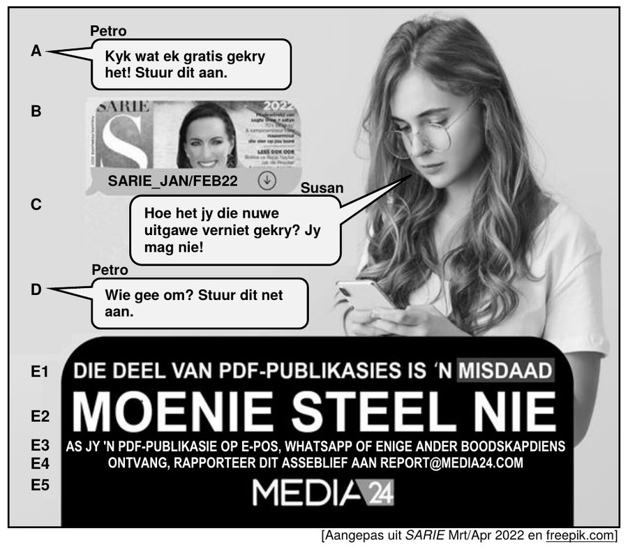 Media24 advertisement against sharing pirated PDF magazines, Afrikaans HL Grade 12 NSC May/June 2023 Paper 1 Question 3.5