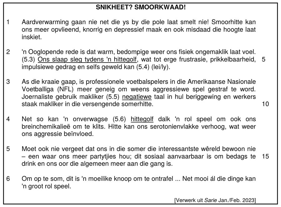 Article about how heatwaves affect mood and aggression, Afrikaans HL Grade 12 NSC May/June 2024 Paper 1 Question 5.2
