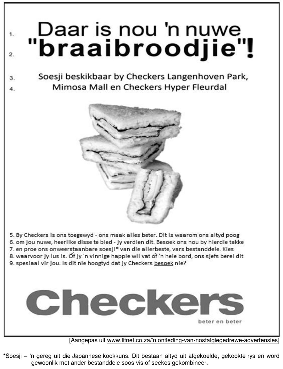 Checkers advertisement presenting sushi as a new braaibroodjie, Afrikaans HL Grade 12 NSC May/June 2024 Paper 1 Question 3.3