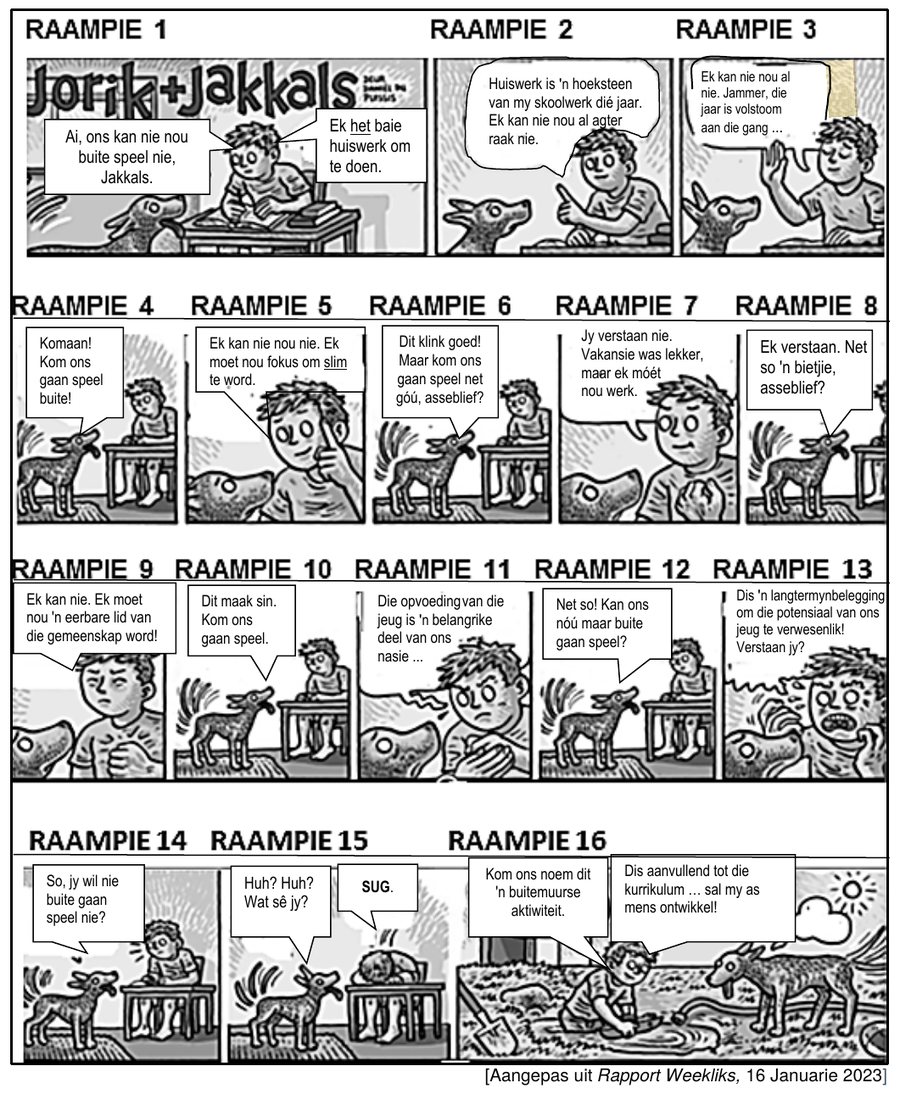 Jorik en Jakkals cartoon of a boy doing homework while his dog begs, Afrikaans HL Grade 12 NSC May/June 2024 Paper 1 Question 4.1