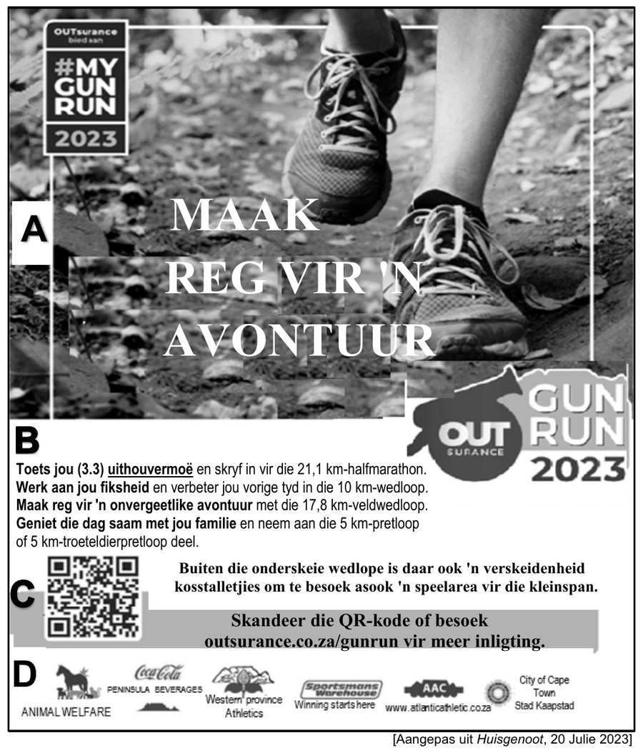 Advertisement for the OUTsurance Gun Run 2023 races, Afrikaans HL Grade 12 NSC May/June 2025 Paper 1 Question 3.1.1