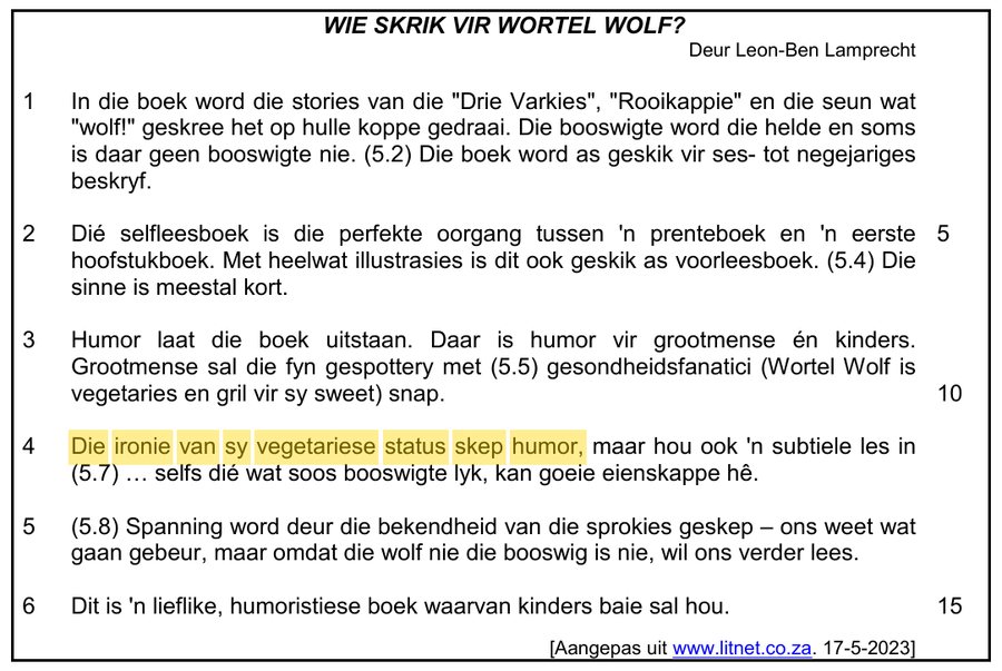 Book review of Wortel Wolf with a sentence on irony highlighted, Afrikaans HL Grade 12 NSC May/June 2025 Paper 1 Question 5.6