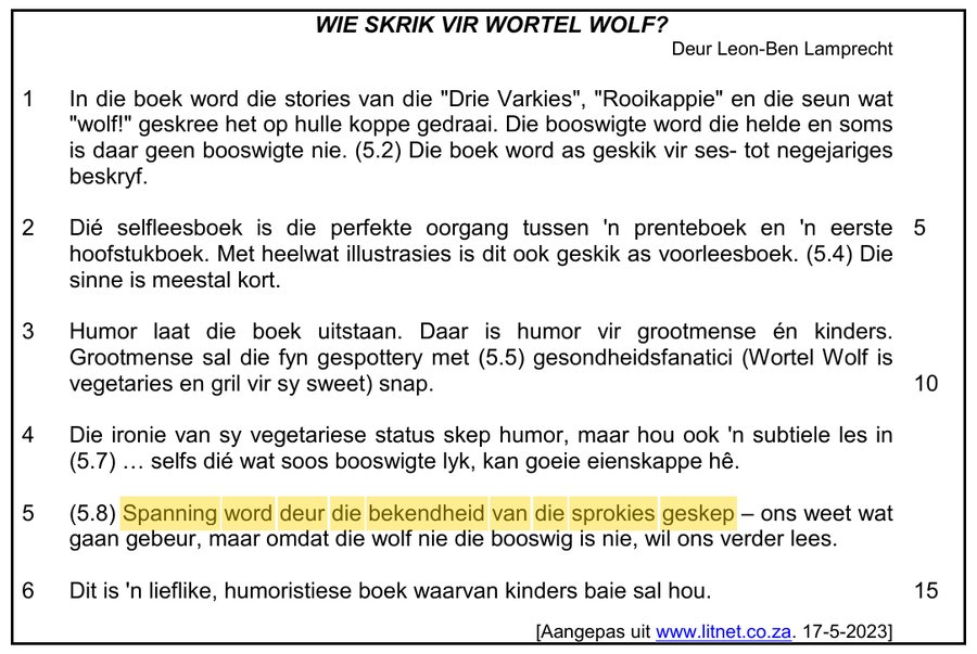 Book review of Wortel Wolf with a sentence on suspense highlighted, Afrikaans HL Grade 12 NSC May/June 2025 Paper 1 Question 5.8