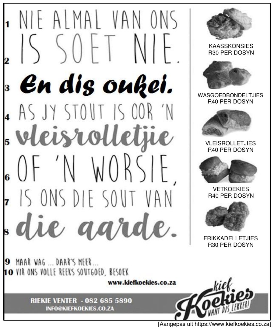 Advertisement for Kief Koekies savoury snacks, Afrikaans HL Grade 12 NSC November 2024 Paper 1 Question 3.1.1