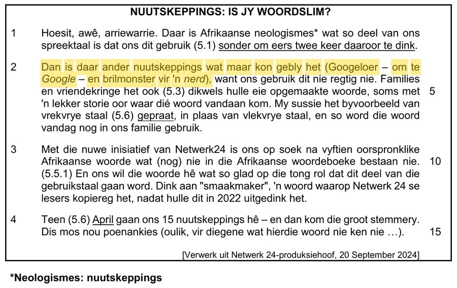 Article about Afrikaans neologisms such as Googeloer, Afrikaans HL Grade 12 NSC November 2025 Paper 1 Question 5.2