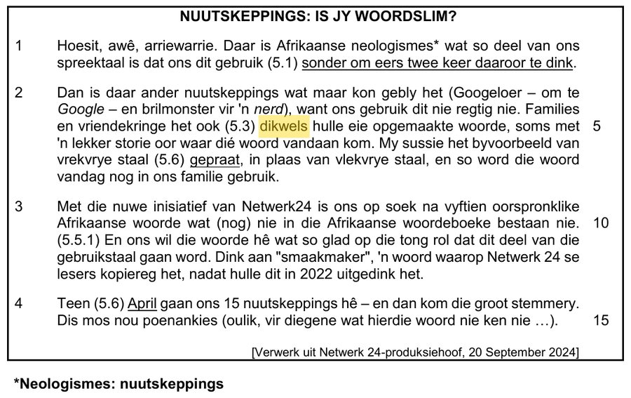 Article about Netwerk24's search for new Afrikaans words, Afrikaans HL Grade 12 NSC November 2025 Paper 1 Question 5.3