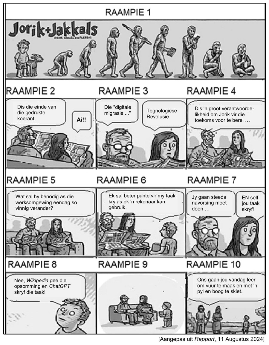 Jorik en Jakkals cartoon about technology, ChatGPT and schoolwork, Afrikaans HL Grade 12 NSC November 2025 Paper 1 Question 4.1