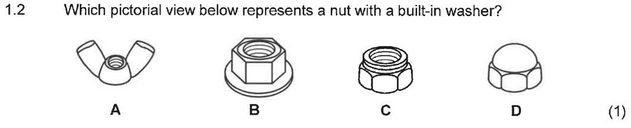 Pictorial drawings of four types of nuts labelled A to D, Civil Technology Grade 12 NSC November 2024 Civil Services Question 1.2