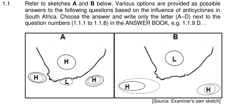 Two sketches of anticyclones and low pressure over South Africa, Geography Grade 12 NSC November 2024 Paper 1 Question 1.1.1