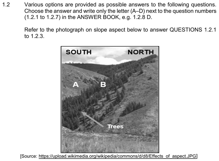 Photograph of north and south facing slopes showing slope aspect, Geography Grade 12 NSC November 2025 Paper 1 Question 1.2.1