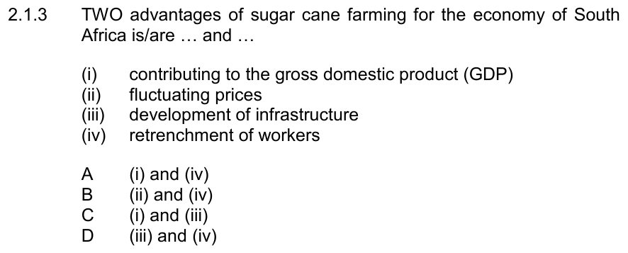 Question on advantages of sugar cane farming for South Africa, Geography Grade 12 NSC November 2025 Paper 2 Question 2.1.3