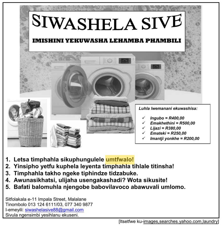 Advertisement for Siwashela Sive laundry service in Malalane, Siswati HL Grade 12 NSC May/June 2025 Paper 1 Question 3.3