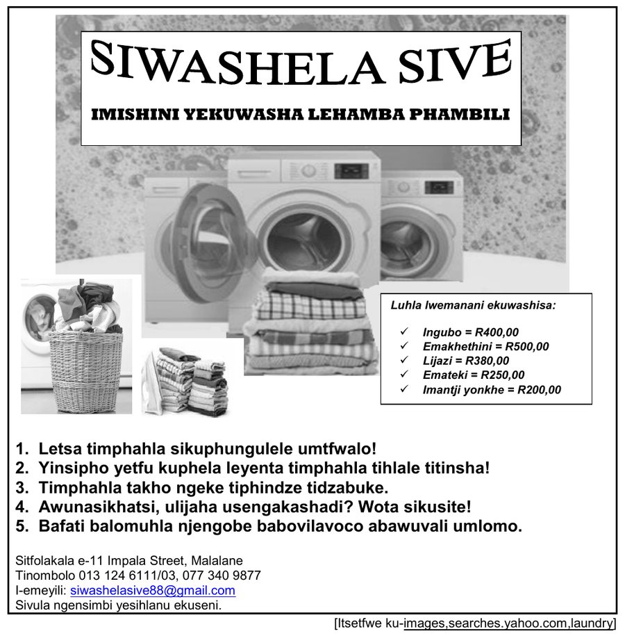 Advertisement for Siwashela Sive laundry service in Malalane, Siswati HL Grade 12 NSC May/June 2025 Paper 1 Question 3.4