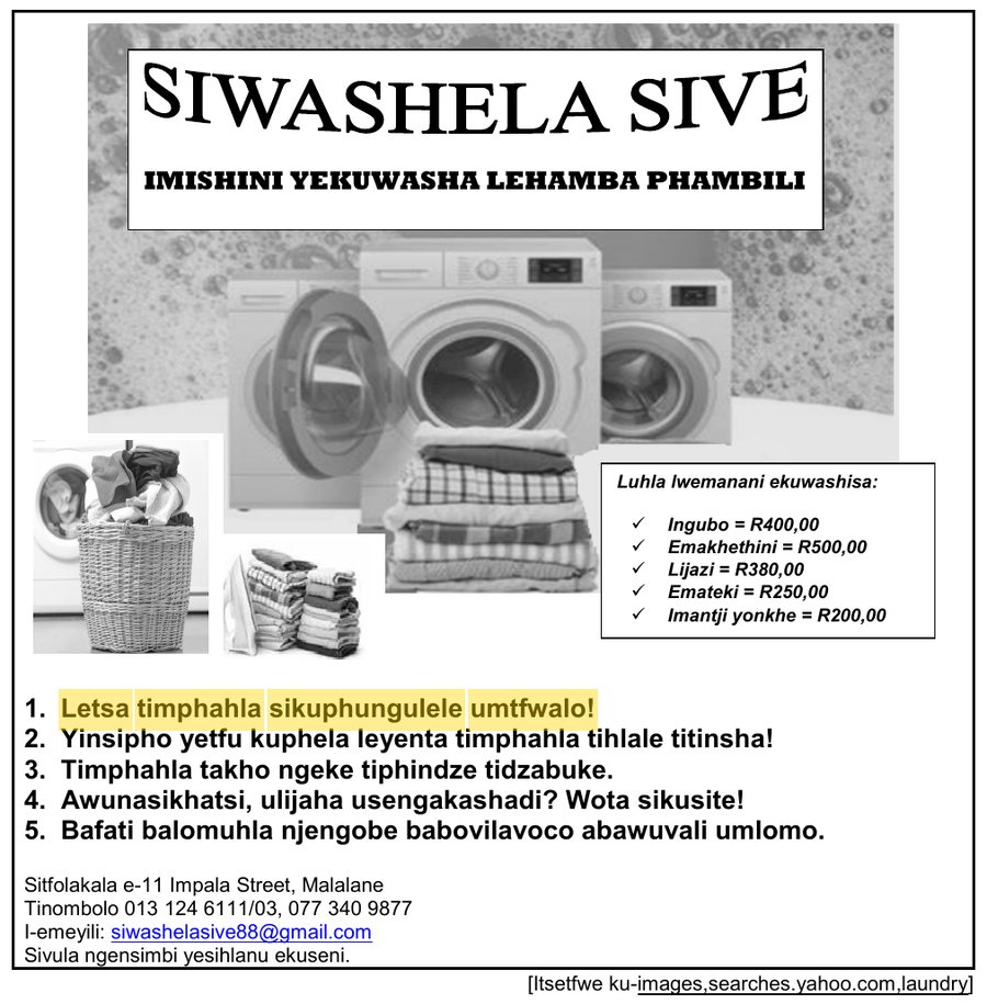 Advertisement for Siwashela Sive laundry service in Malalane, Siswati HL Grade 12 NSC May/June 2025 Paper 1 Question 3.1