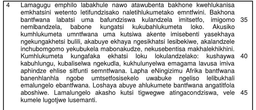 Reading passage about child abuse and children's rights in South Africa, Siswati HL Grade 12 NSC November 2024 Paper 1 Question 1.1.6