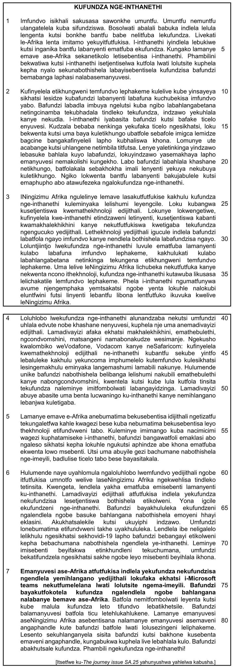 Reading passage about online learning in South Africa, Siswati HL Grade 12 NSC November 2025 Paper 1 Question 1.1.1
