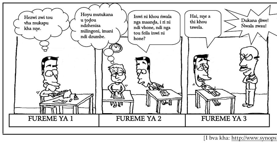 Three frame cartoon of a learner copying in a test, Tshivenda HL Grade 12 NSC May/June 2025 Paper 1 Question 4.3