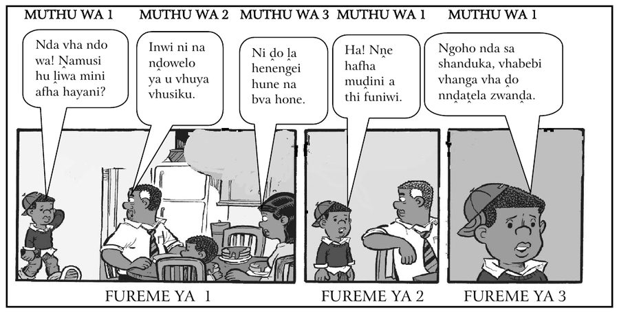 Three frame cartoon of a boy coming home late for supper, Tshivenda HL Grade 12 NSC November 2023 Paper 1 Question 4.4
