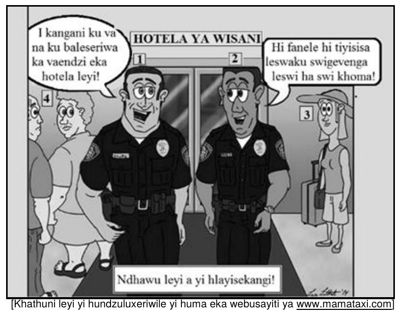 Cartoon of two police officers outside a hotel, Xitsonga HL Grade 12 NSC May/June 2024 Paper 1 Question 4.2