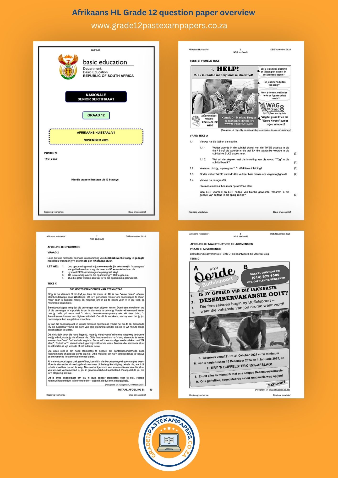 Afrikaans HL Grade 12 question paper overview
