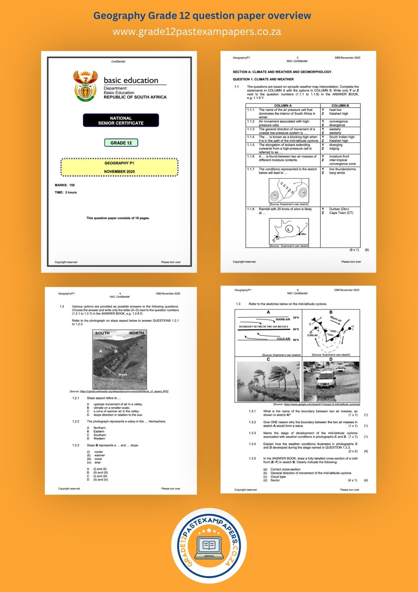 An overview collage image showing the cover page and question layout of selected sections of Grade 12 Geography past exam papers.