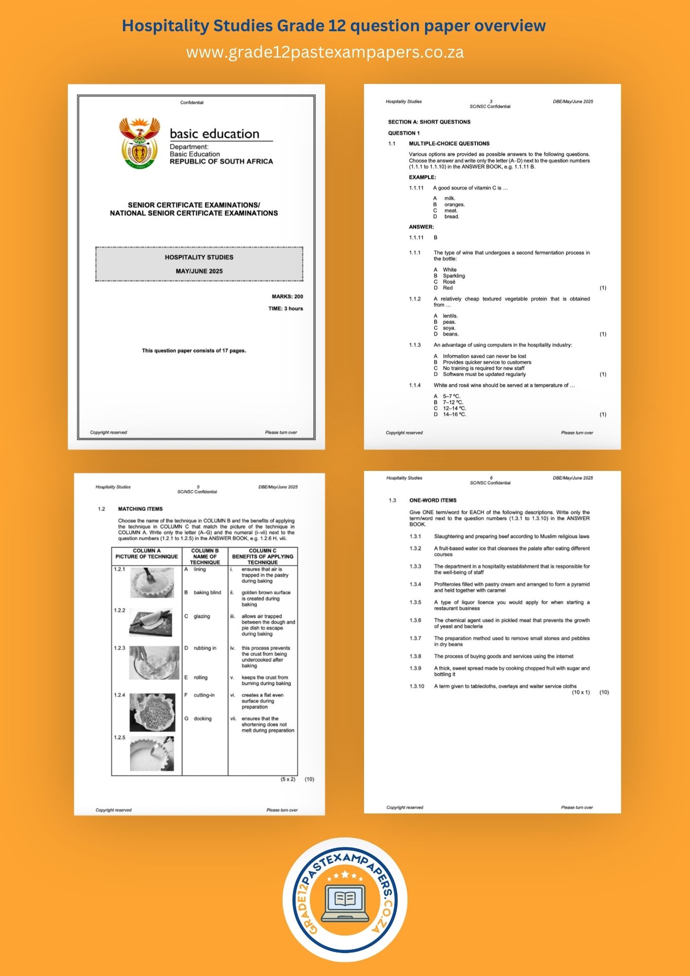 An overview collage image showing the cover page and question layout of selected sections of Grade 12 Hospitality Studies past exam papers.