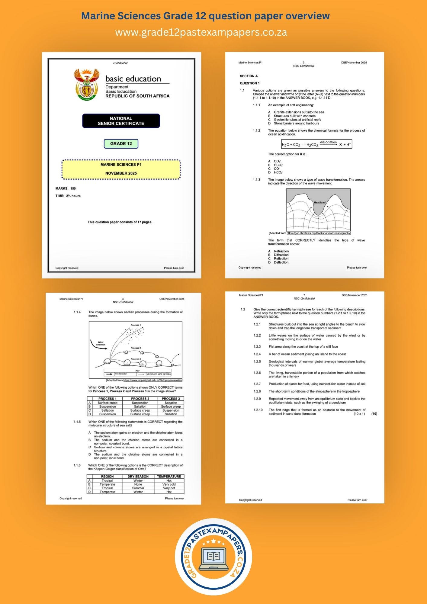 An overview collage image showing the cover page and question layout of selected sections of Grade 12 Marine Sciences past exam papers.