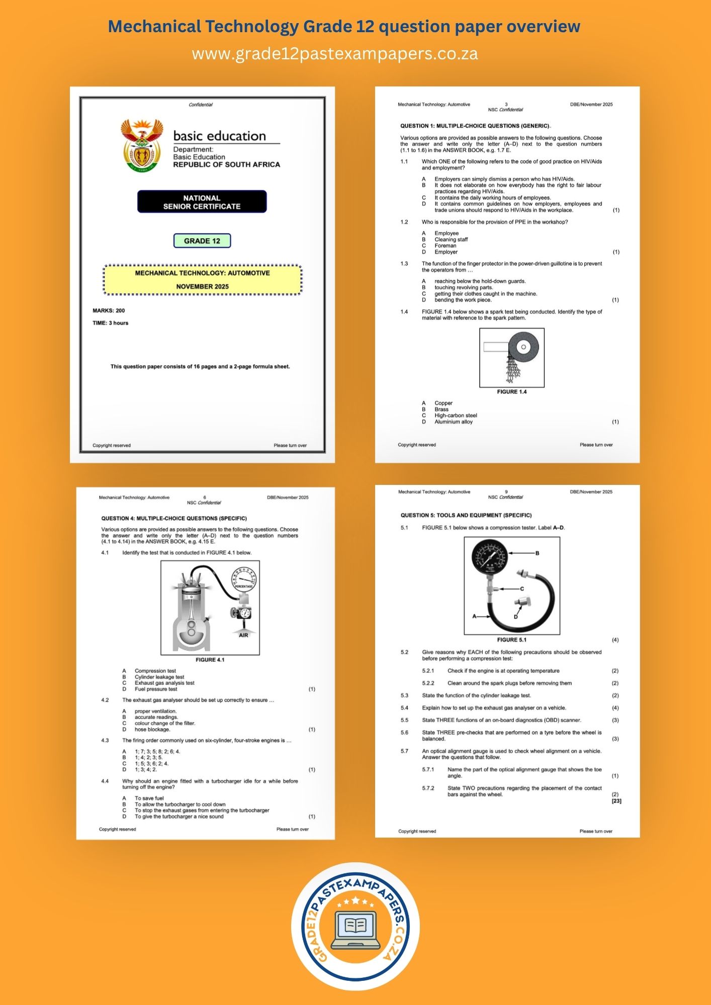 An overview collage image showing the cover page and question layout of selected sections of Grade 12 Mechanical Technology past exam papers.