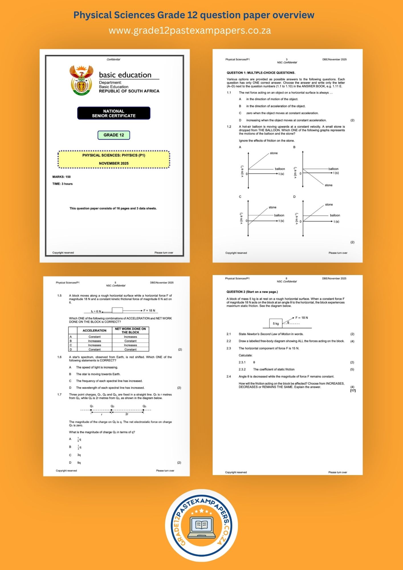 An overview collage image showing the cover page and question layout of selected sections of Grade 12 Physical Sciences past exam papers.