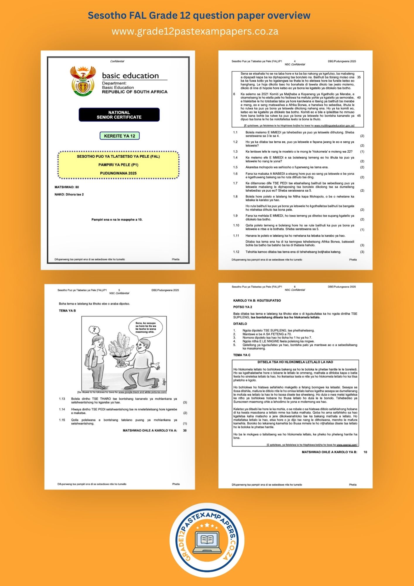 An overview collage image showing the cover page and question layout of selected sections of Grade 12 Sesotho FAL past exam papers.
