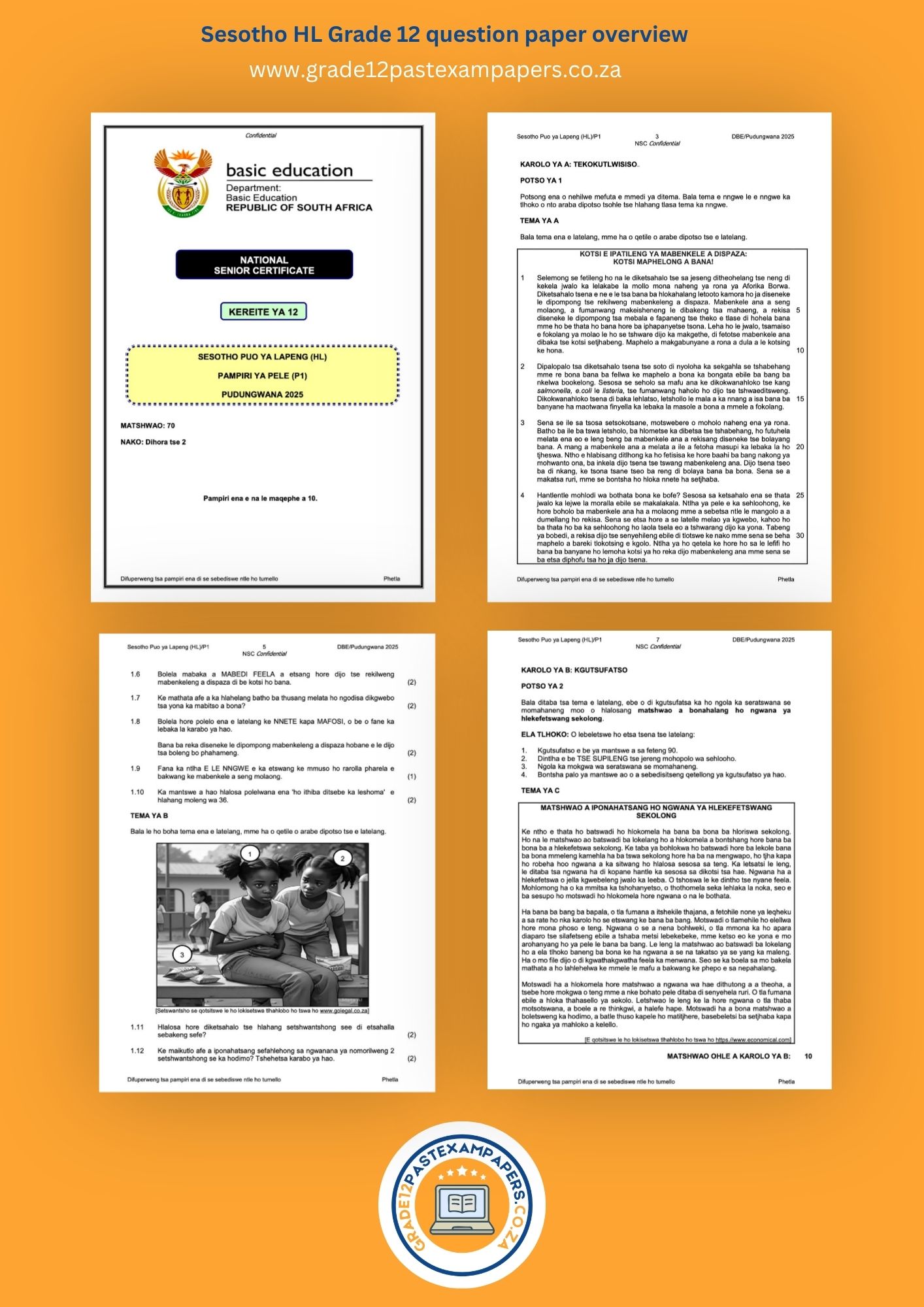 An overview collage image showing the cover page and question layout of selected sections of Grade 12 Sesotho HL past exam papers.