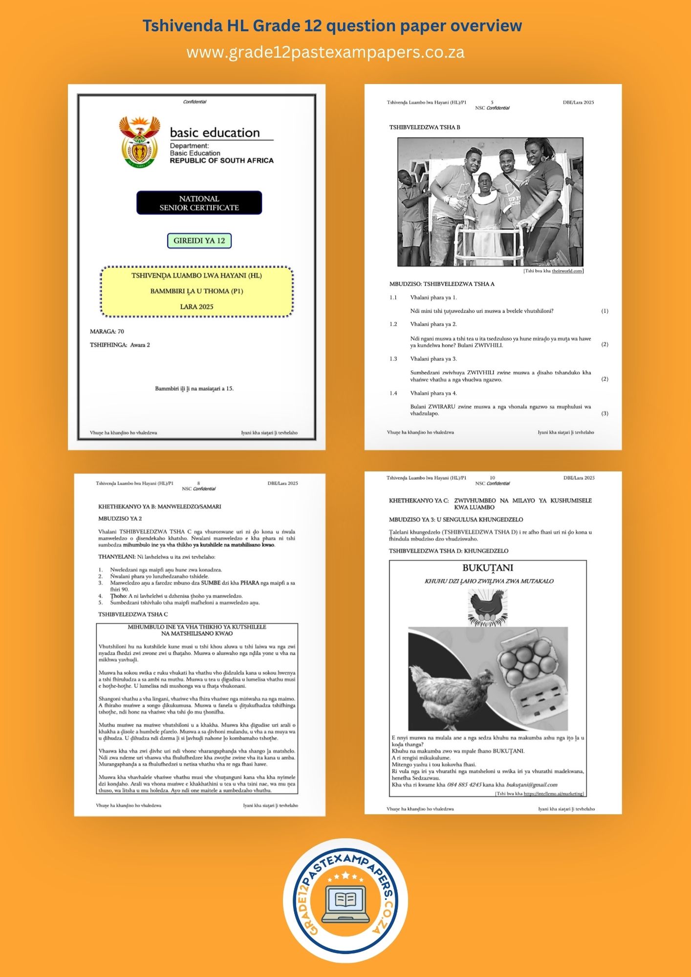 An overview collage image showing the cover page and question layout of selected sections of Grade 12 Tshivenda HL past exam papers.