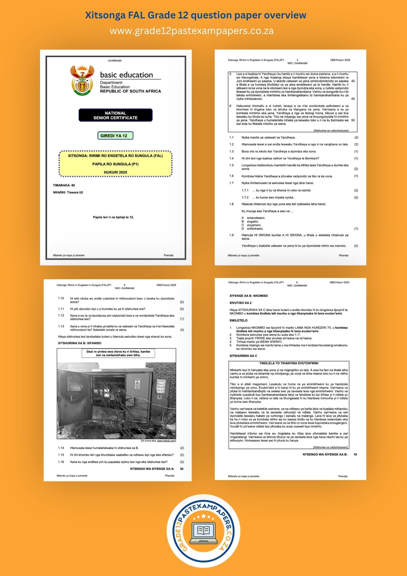 An overview collage image showing the cover page and question layout of selected sections of Grade 12 Xitsonga FAL past exam papers.